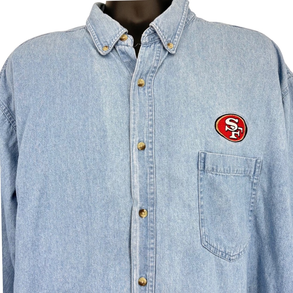 True Fan Mens San Francisco‎ 49ers Denim Button Down Shirt Light Wash XL Y2K